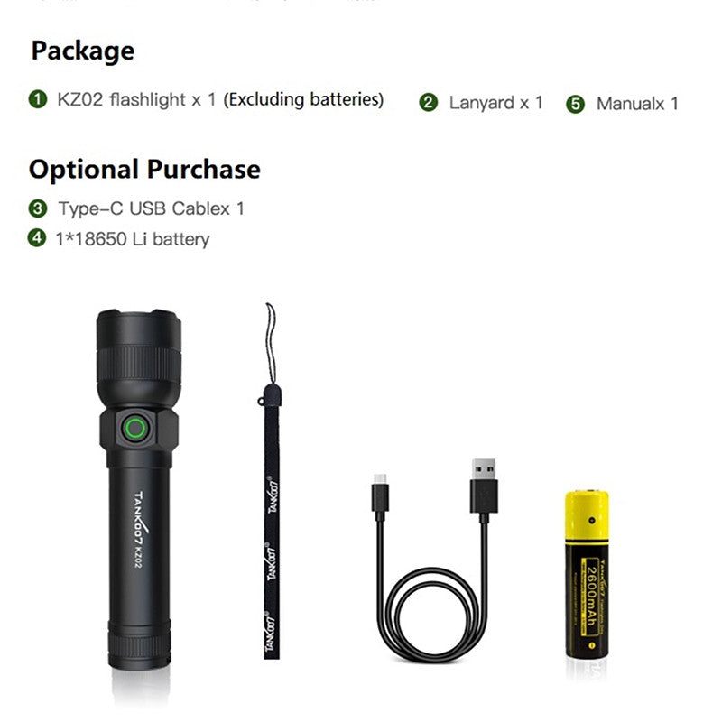 Tank007 KZ02 High Power Zoom Flashlight USB Rechargeable Flashlight LED Flashlight