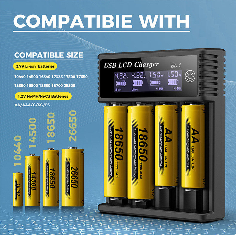 TANK007 3.7V/1.2V 18650 multi-model lithium-ion rechargeable battery AC charger 4 charges at the same time USB LCD Charger