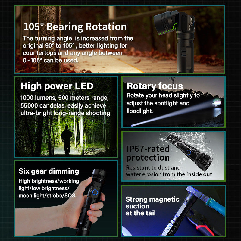 KC70 PLUS Aluminum LED Flashlight High Power Torch Light Long Range Rechargeable 105° Bearing Rotating Working Linternas