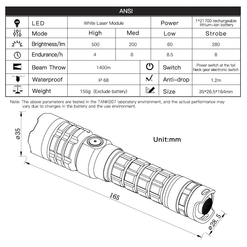 Tank007 PTL01 1400m Powerful Rechargeable LED Laser Mosquito Repellent Flashlight - Powerful White Laser Beam High Performance LED Flashlight