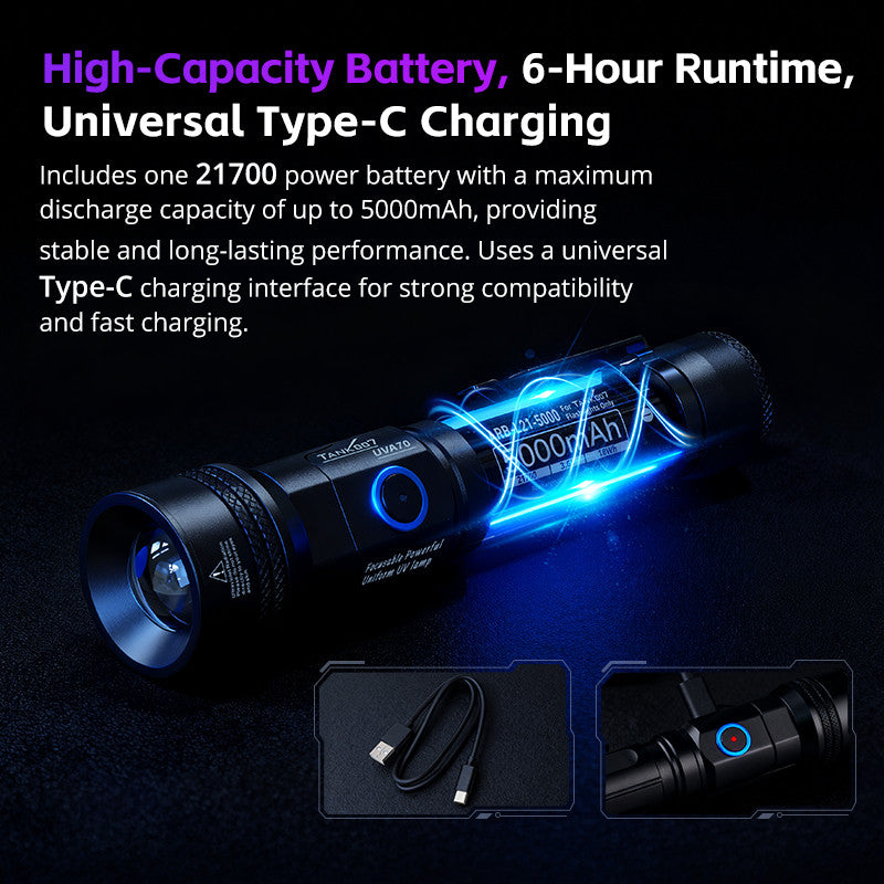UVA70 365nm ultraviolet black light flashlight, professional-grade uniform ultraviolet light, suitable for industrial non-destructive testing and forensic examination.