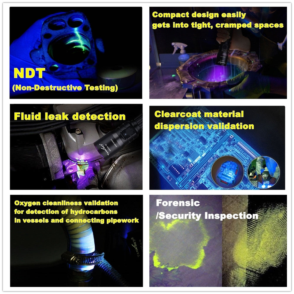 Tank007 UV-L03C NDT forensic rechargeable 365 nm ultraviolet blacklight torch ultra violet black flash light led 365nm uv flashlight