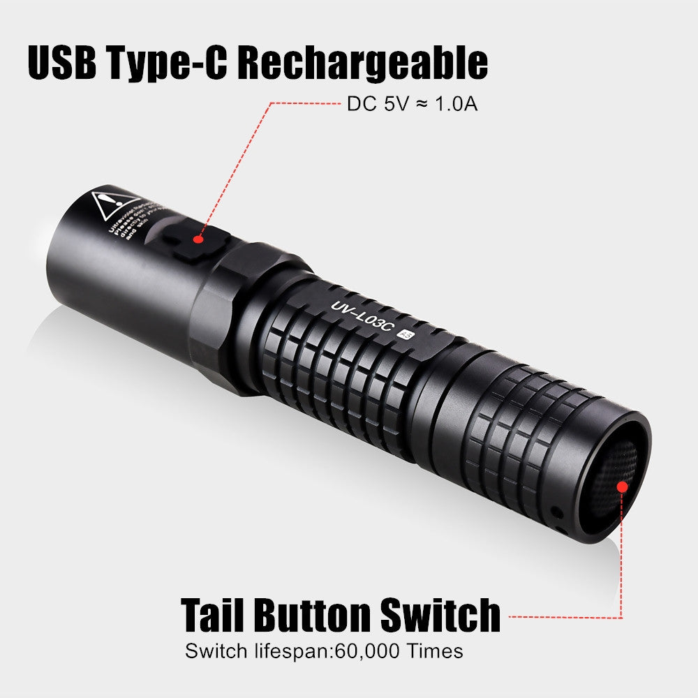 Tank007 UV-L03C NDT forensic rechargeable 365 nm ultraviolet blacklight torch ultra violet black flash light led 365nm uv flashlight