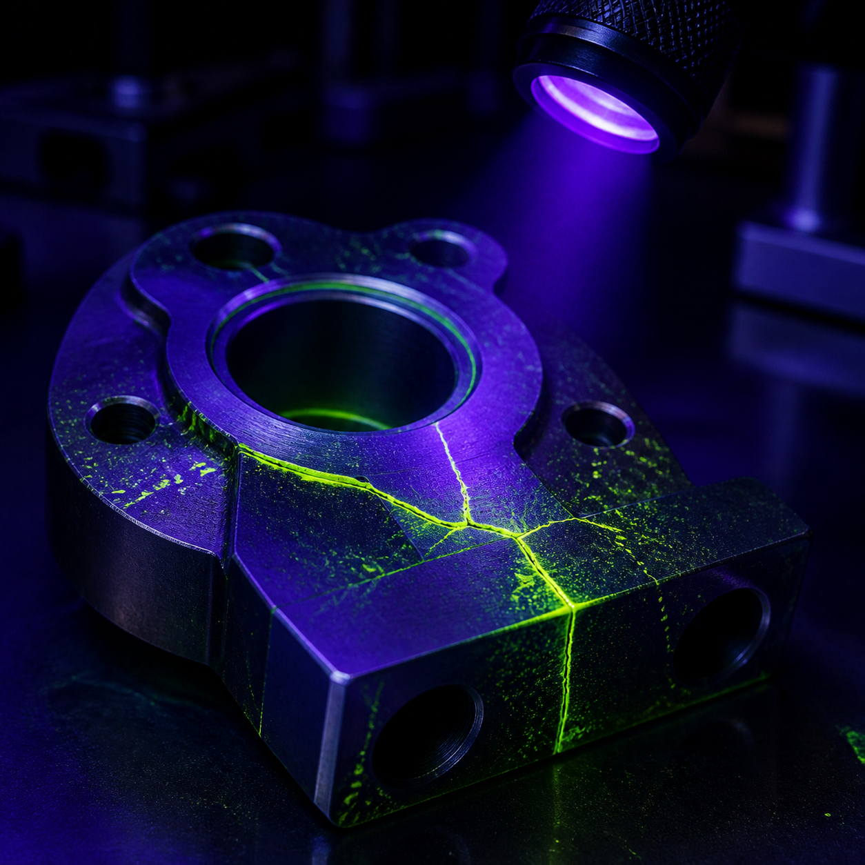 UV fluorescence inspection revealing surface indications on an industrial metal component